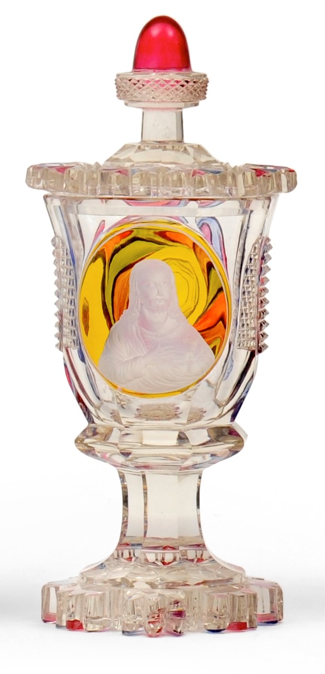 A Bohemian Yellow, Cranberry and Blue Flashed Goblet and Cover, mid 19th century, the foliate cut