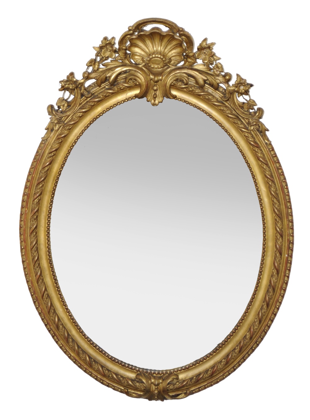 A 19th Century Gilt and Gesso Mirror, of large proportions, the oval plate within a beaded and