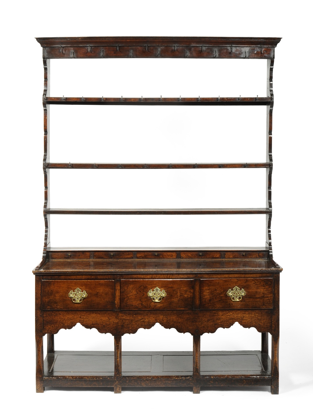 An 18th Century English Oak Open Dresser and Rack, with three fixed shelves and iron cup hooks