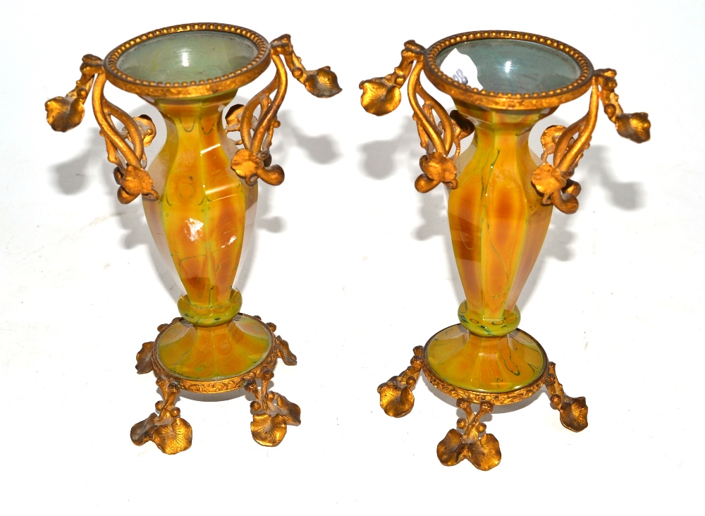 A Pair of French Gilt Metal Mounted Agate Glass Vases, mid 19th century, of hexagonal baluster