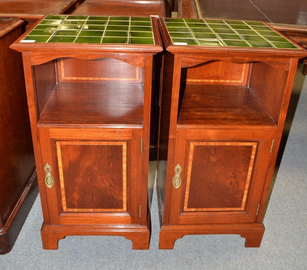 A Pair of Edwardian Mahogany and Satinwood Banded Bedside Cupboards, early 20th century, with green