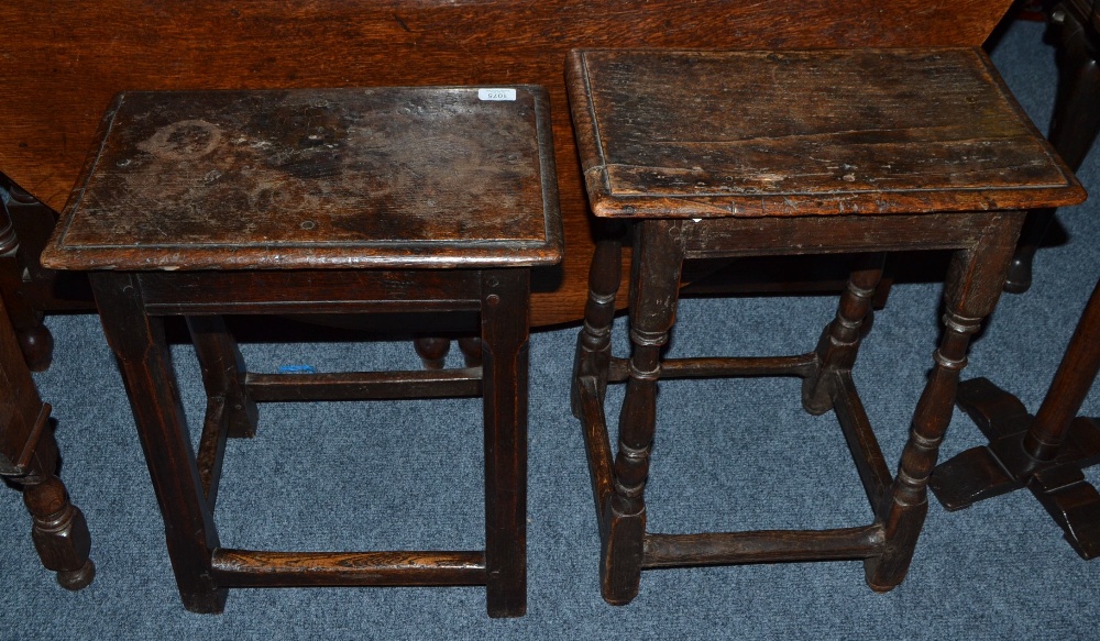 A Mid 17th Century English Oak Joint Stool, with moulded top, plain frieze and turned baluster legs