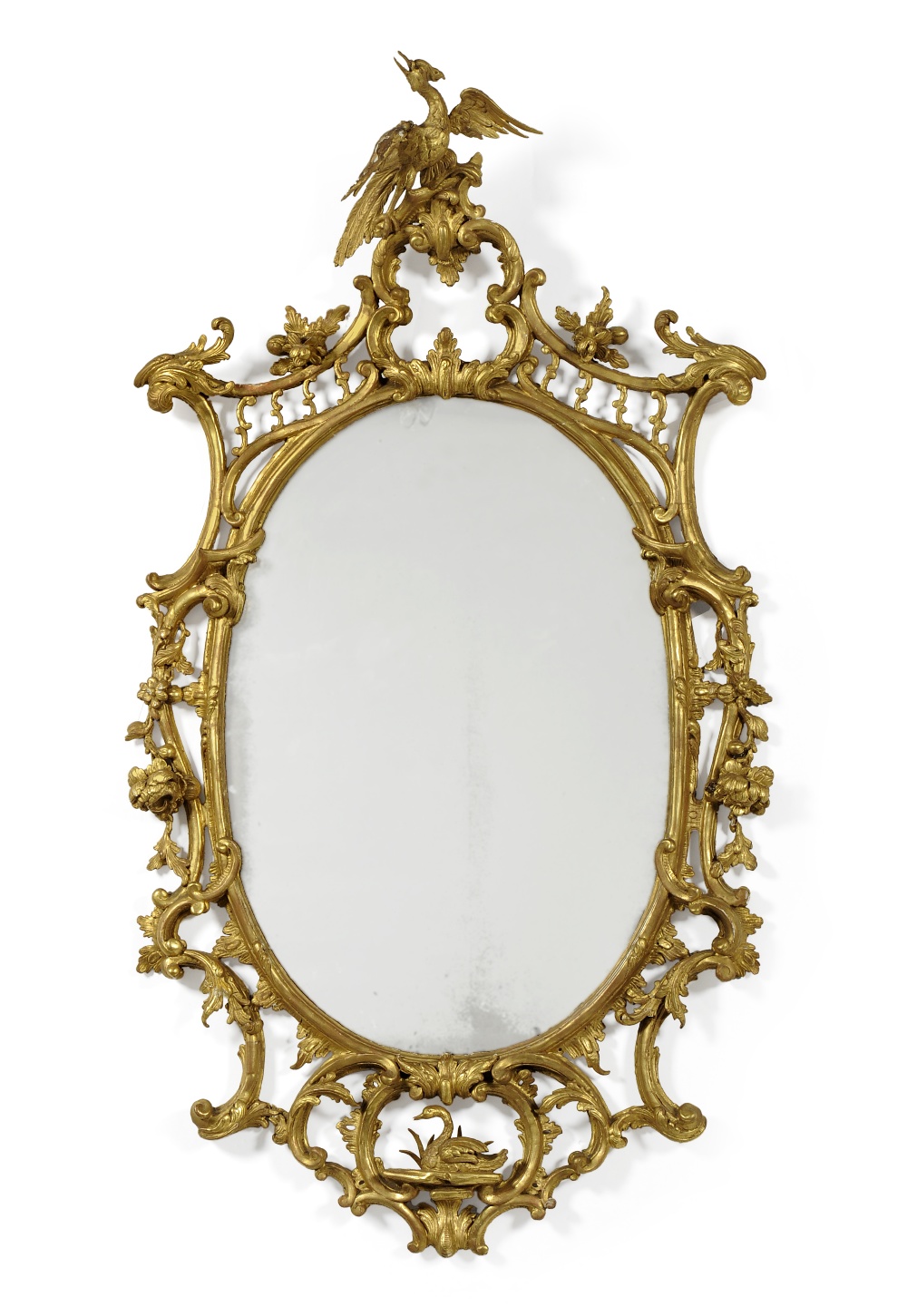 A George III Giltwood and Gesso Looking Glass, in the manner of Thomas Chippendale, the oval plate