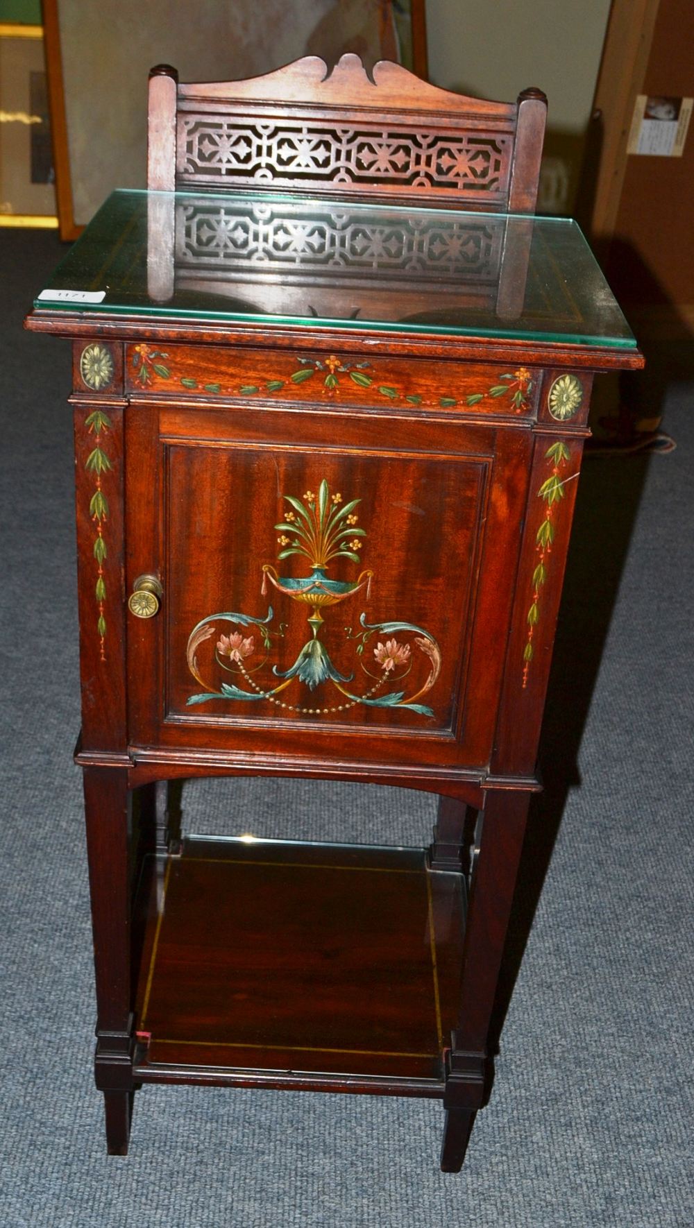 A Mahogany and Polychrome Decorated Bedside Cabinet, stamped Gillow & Co, late 19th century, with