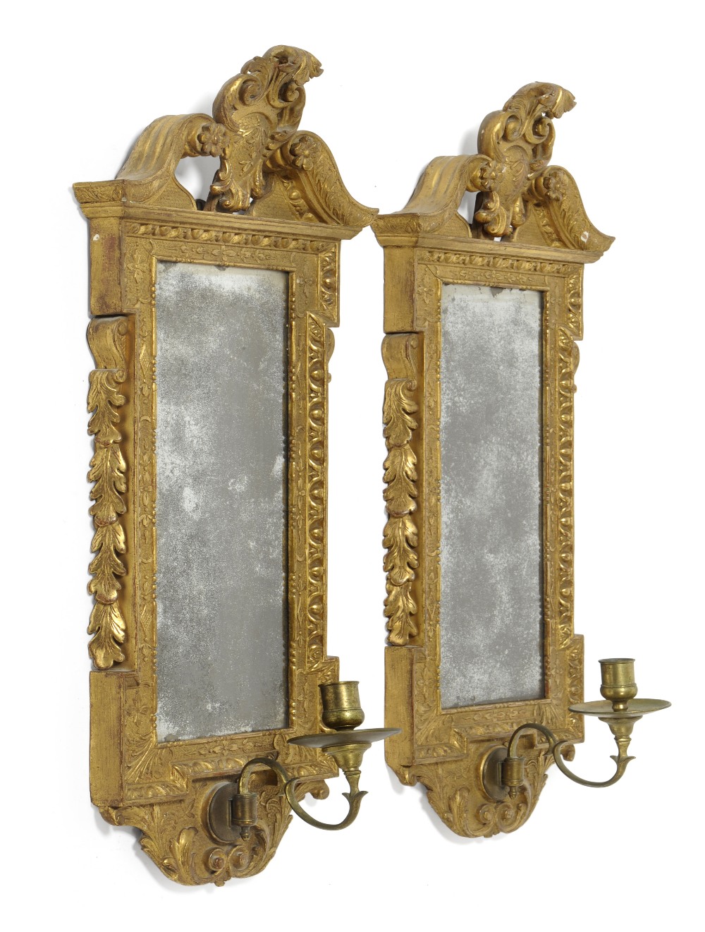 A Pair of Carved Giltwood and Gesso Girandoles, 18th century and later, with rectangular bevel