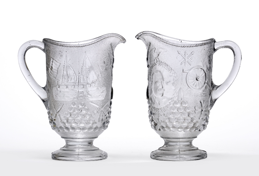 A Pair of Beatty-Brady Pressed Glass Water Jugs, circa 1900, commemorating Admiral Dewey with bust