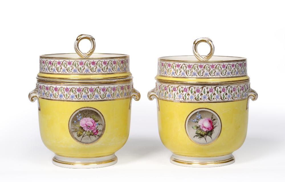 A Pair of Derby Porcelain Fruit Coolers, Covers and A Liner, circa 1790, painted with rose sprays in