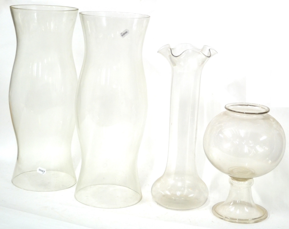 A Pair of Large Glass Storm Shades, 20th century, 62cm high; A Tall Glass Flower Vase, with - Image 2 of 3