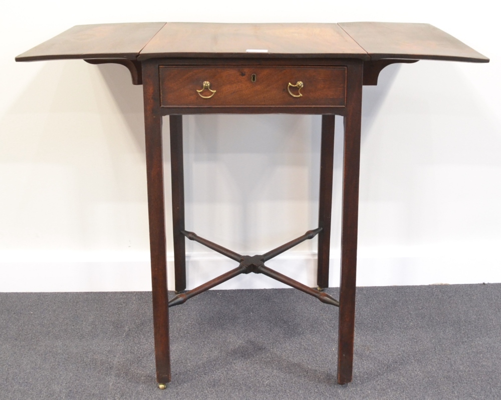 A Mahogany Dropleaf Side Table, with a frieze drawer above chamfered supports and a turned cross