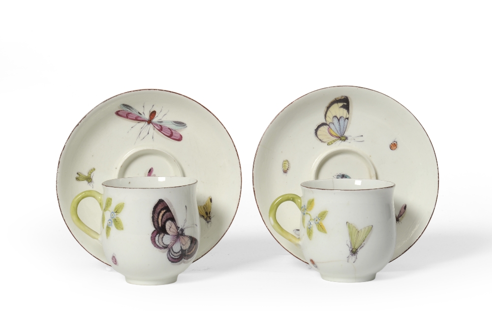 A Pair of Chelsea Porcelain Coffee Cups and Trembleuse Saucers, en suite to the preceding lot See