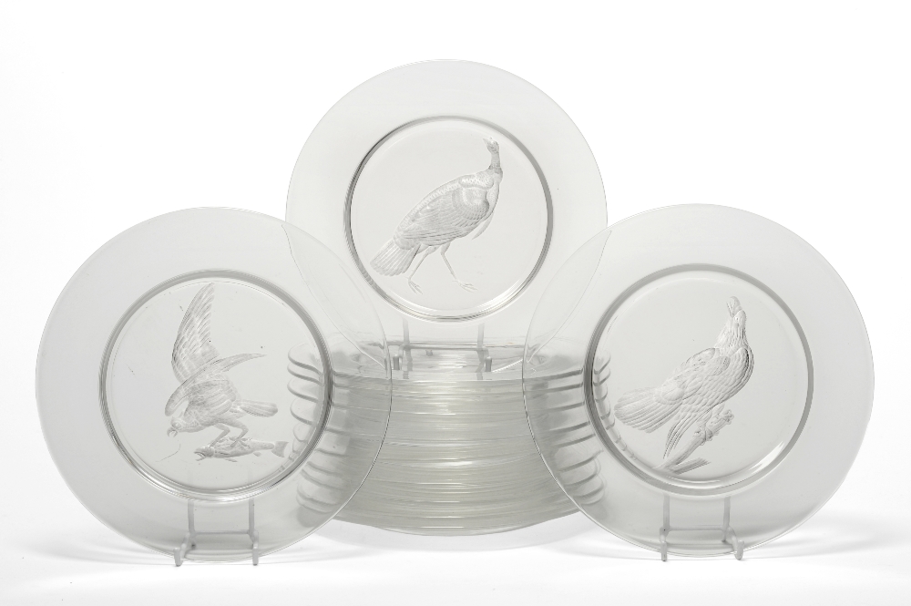 A Set of Twelve Steuben Glass Plates, mid 20th century, engraved with Audubon's Birds of America,