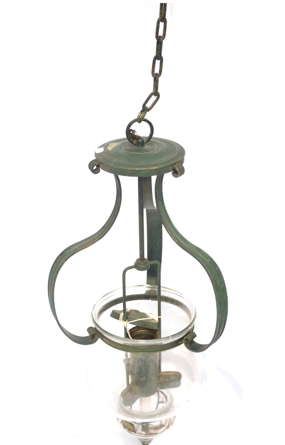 An Early 20th Century Green Painted Metal Hanging Lantern, suspended by a chain with S shaped