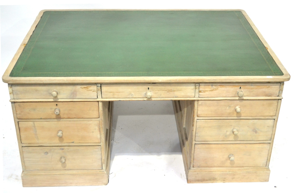 A Victorian Washed Pine Partners' Desk, 3rd quarter 19th century, the inset green leather skiver