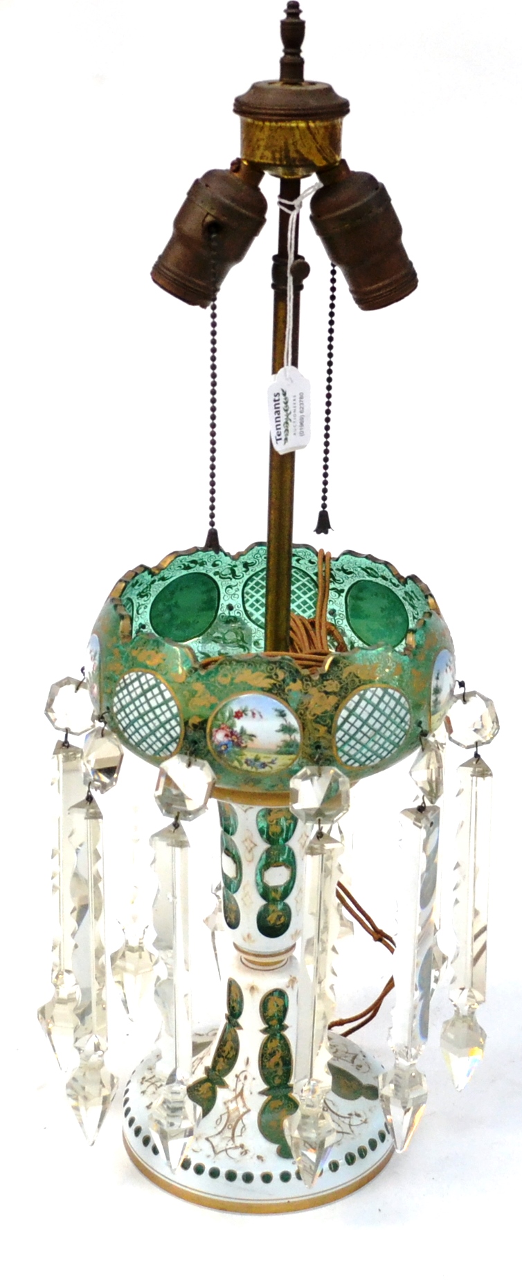 A Bohemian White Overlay Green Glass Table Lustre, circa 1900, the ovoid bowl painted with panels of