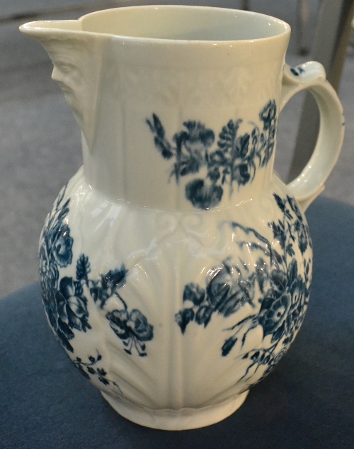 A First Period Worcester Cabbage Leaf Mask Jug, circa 1775, printed with natural flower sprays, - Image 10 of 12