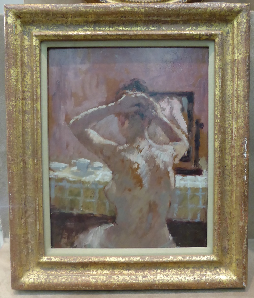 Bernard Dunstan RA, PPRWA (b.1920)
"Girl Doing Her Hair"
Initialled, oil on board, 24cm by 19cm - Image 2 of 6