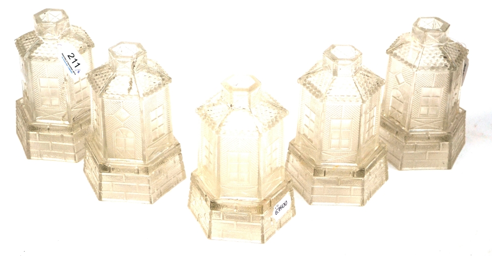 A Set of Eight Pressed Glass Night Light Holders and Stands, late 19th century, in the form of