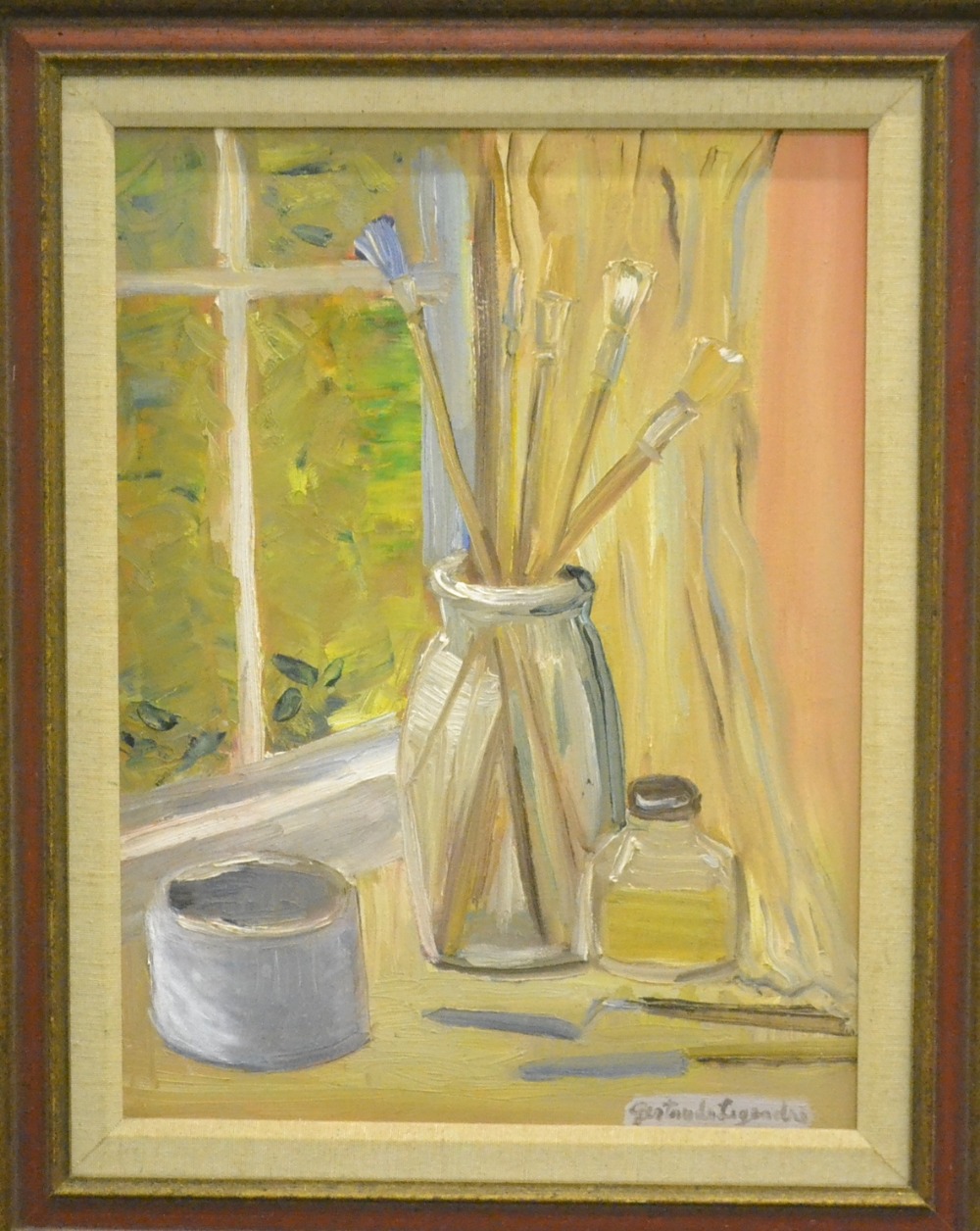 American School (20th century)
Still life of paintbrushes in a glass jar beside a window