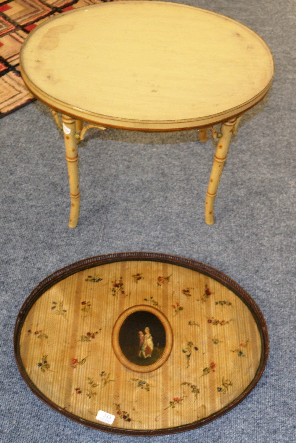 A Regency Toleware Tray, early 19th century, with gallery border, painted with an oval panel of a - Image 2 of 3