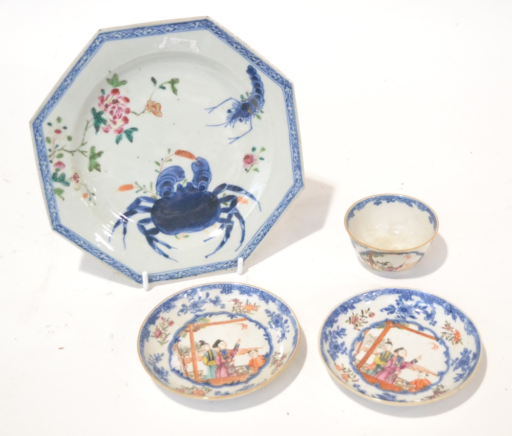 A Chinese Porcelain Octagonal Plate, Qianlong, painted in famille rose enamels and underglaze blue