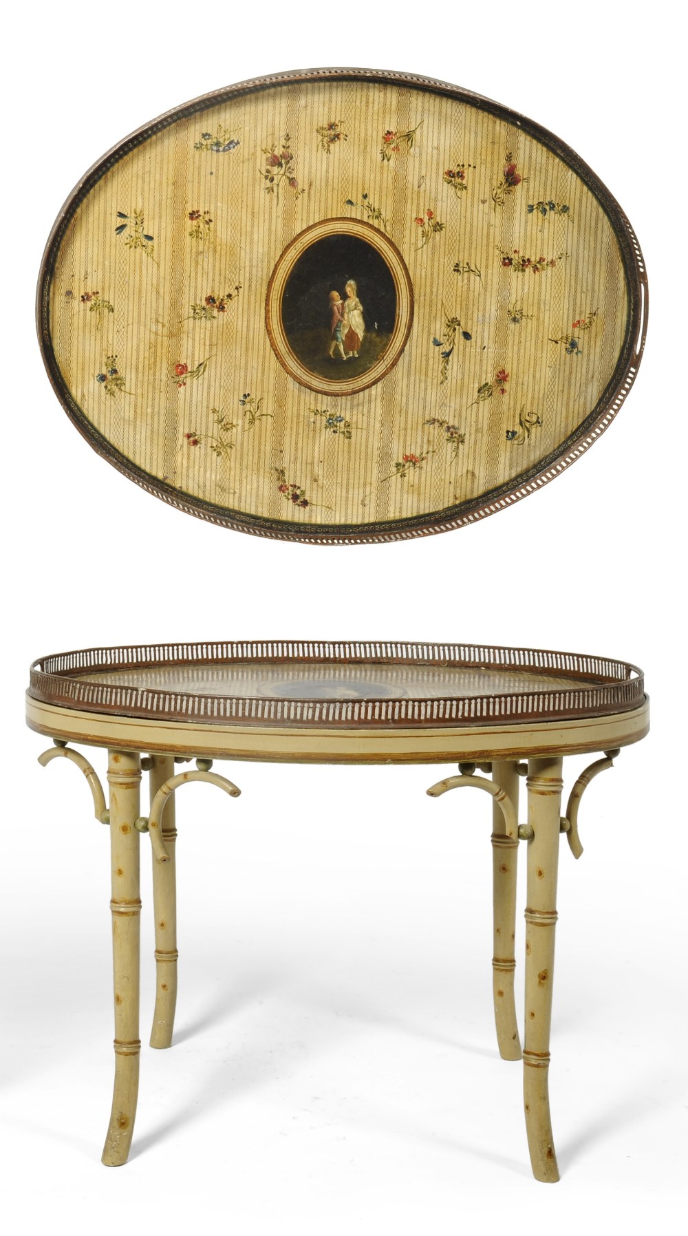 A Regency Toleware Tray, early 19th century, with gallery border, painted with an oval panel of a