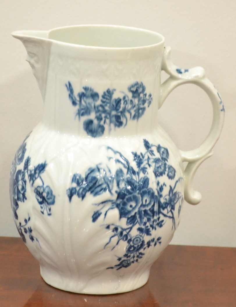 A First Period Worcester Cabbage Leaf Mask Jug, circa 1775, printed with natural flower sprays, - Image 2 of 12