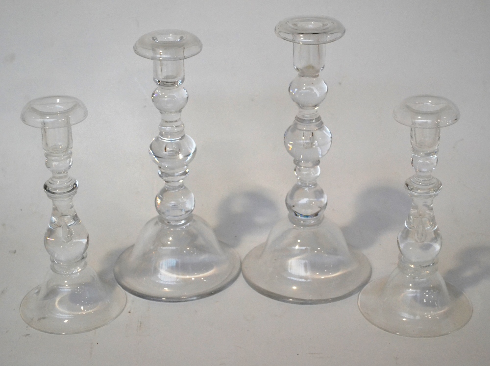 A Set of Six Glass Candlesticks, in 18th century style, with knopped stems and domed bases, - Image 2 of 2