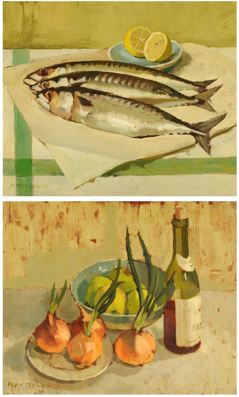 Mary Thornbery (20th century) 
Still life of mackerel and lemons
Still life of sprouting onions,