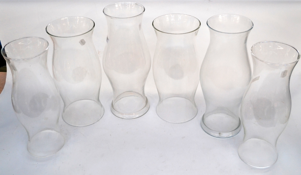 A Pair of Glass Shades, 20th century, of baluster form with flared necks, 44.5cm high; and Two