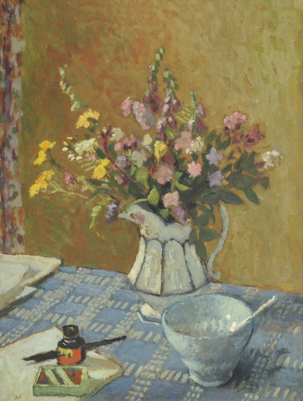 Bernard Dunstan RA, PPRWA (b.1920) 
Still life of summer flowers in a jug with a bowl, fountain