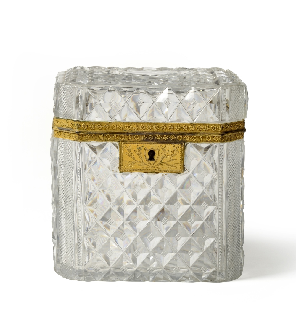 A French Gilt Metal Mounted Cut Glass Casket and Hinged Cover, 19th century, with allover diamond