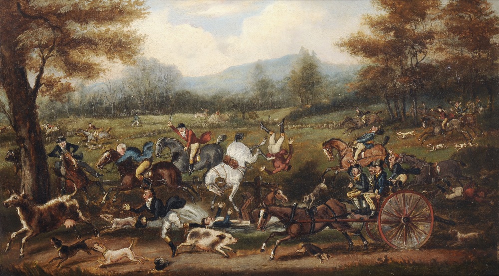 British Provincial School (19th century)
Farcical country scene with huntsmen, hounds, horses and