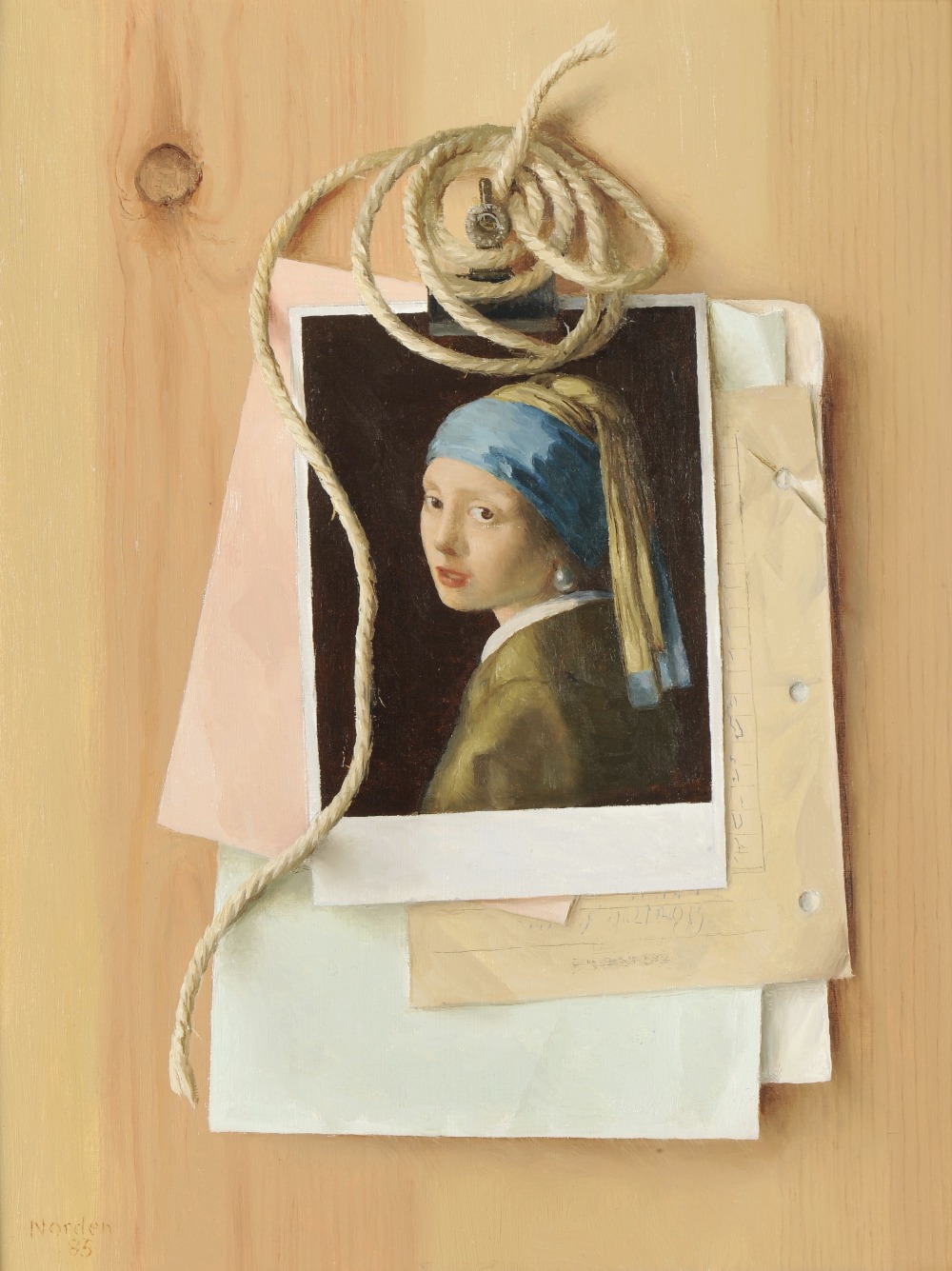 Gerald Norden (1912-2000) 
"Paper Clip" - a trompe d'oeil painting depicting a postcard of Vermeer's