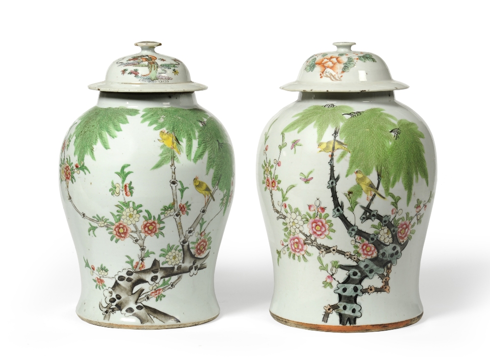 A Pair of Chinese Porcelain Baluster Jars and Matched Covers, 19th century, painted in famille