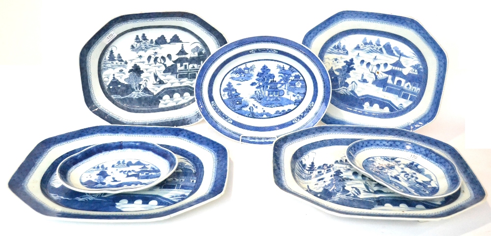 A Pair of Chinese Porcelain Dessert Dishes, circa 1800, of kidney shape painted in underglaze blue