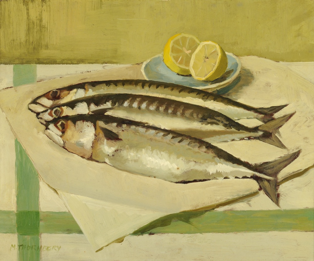 Mary Thornbery (20th century) 
Still life of mackerel and lemons
Still life of sprouting onions, - Image 2 of 4