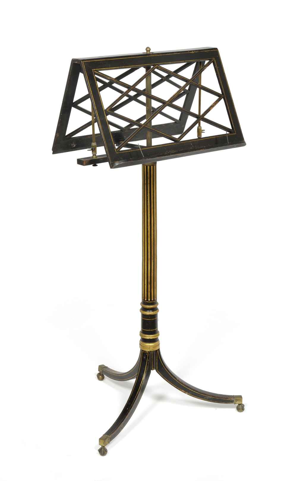 A Regency Ebonised and Parcel Gilt Duet Stand, early 19th century, the folding rests above an