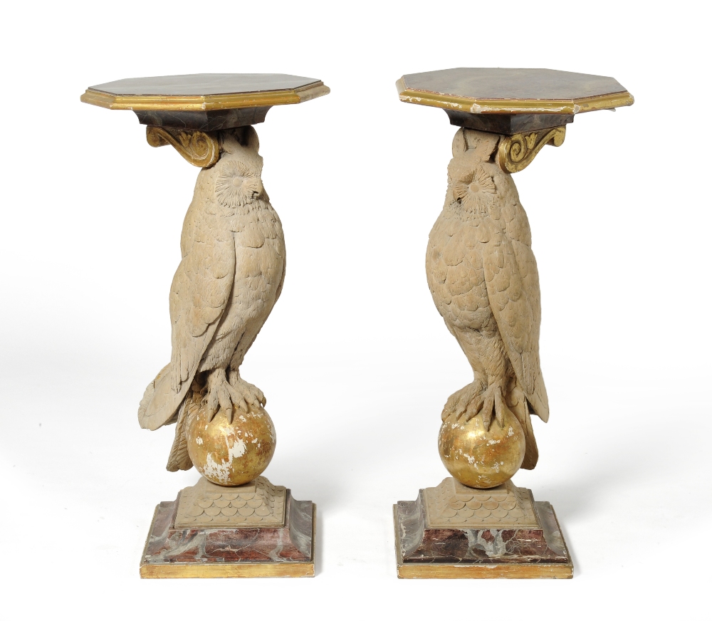 A Pair of Carved Pine and Scagliola Pedestals Modelled as Owls, each perched on a gilt painted