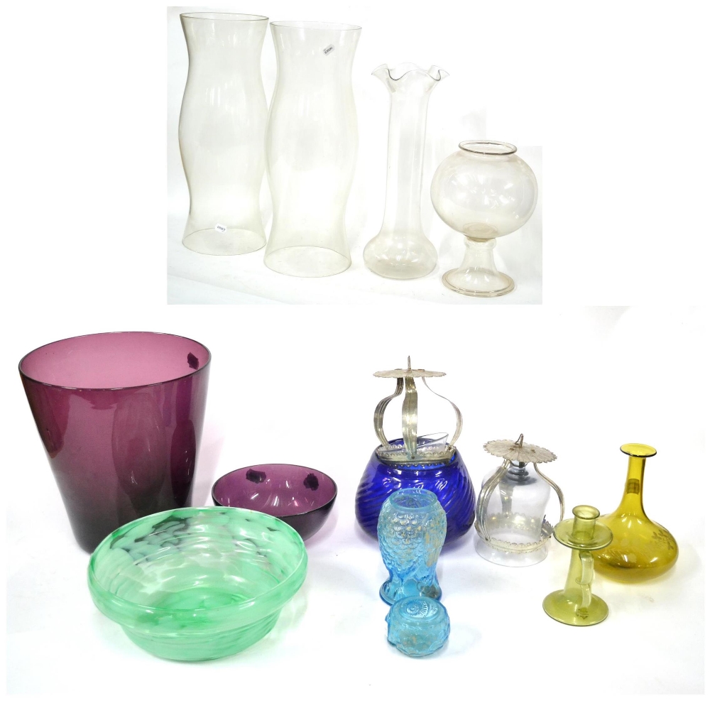 A Pair of Large Glass Storm Shades, 20th century, 62cm high; A Tall Glass Flower Vase, with