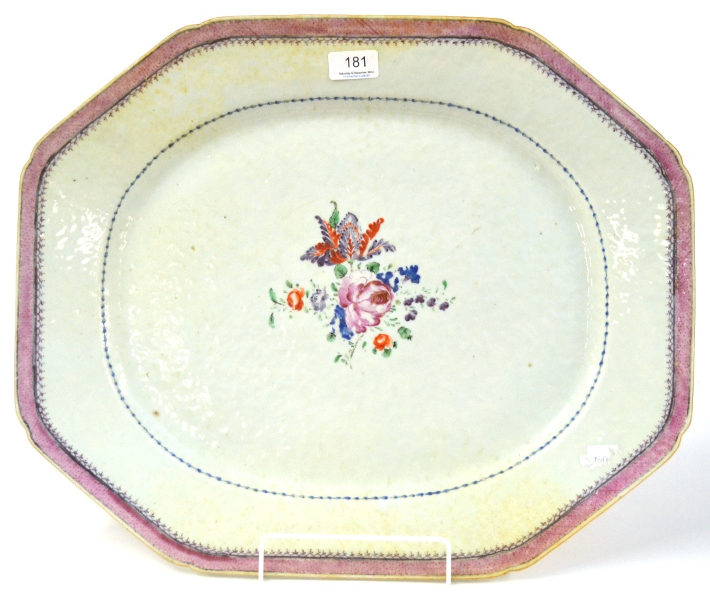 A Chinese Porcelain Meat Platter, Qianlong, painted in famille rose enamels with a flower spray