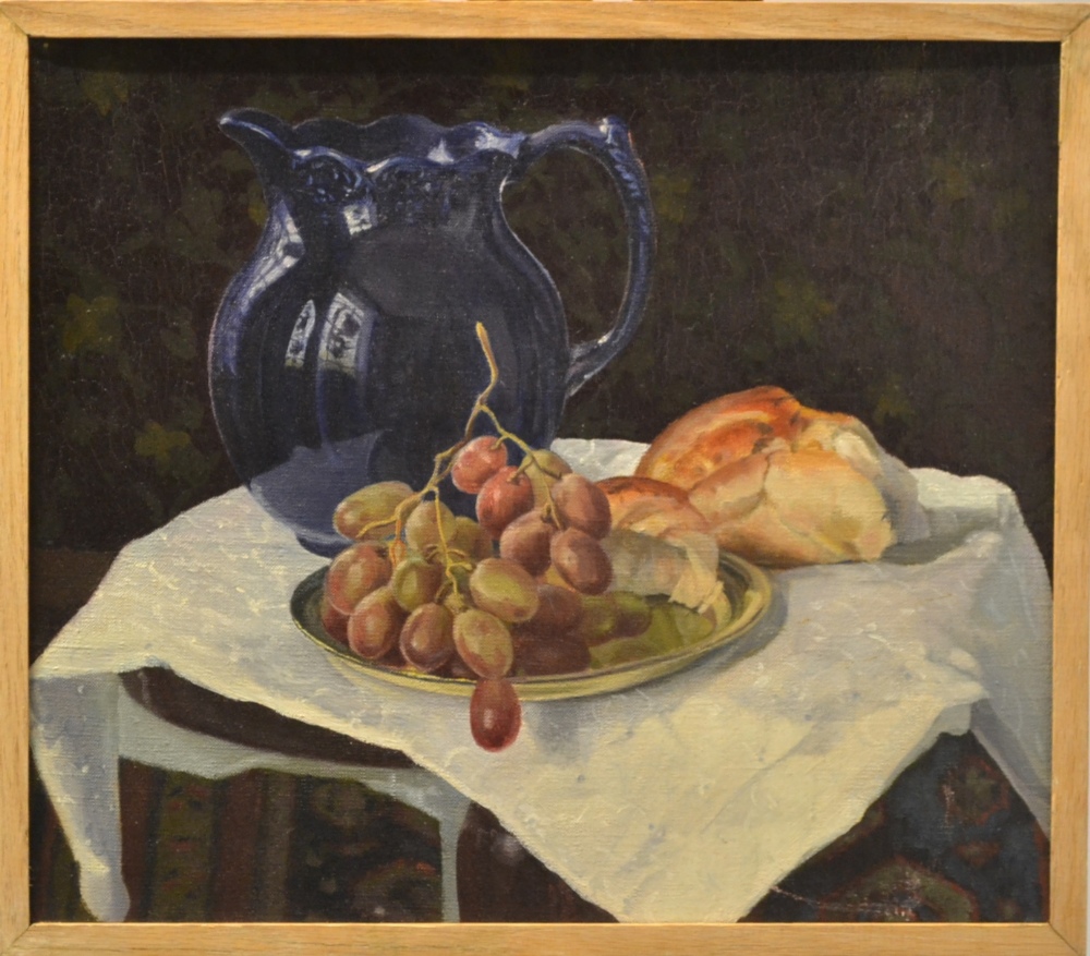 Alicia Czechowski (20th century) American
"Still Life with Blue Pitcher and Bread"
Oil on canvas,