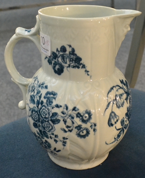 A First Period Worcester Cabbage Leaf Mask Jug, circa 1775, printed with natural flower sprays, - Image 11 of 12