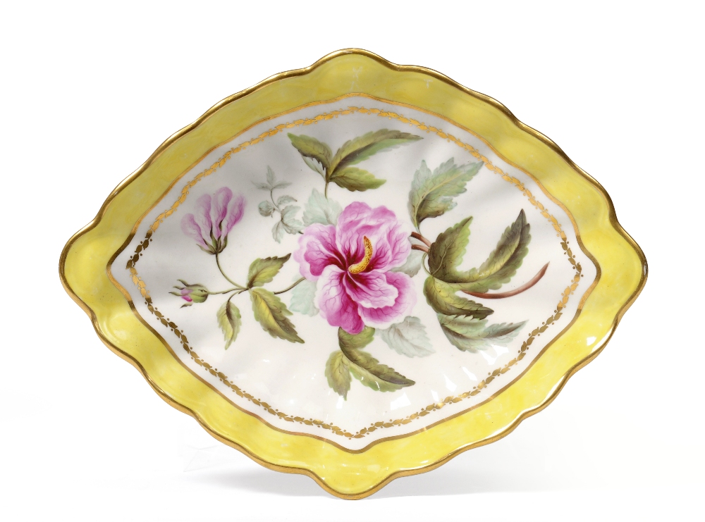 A Derby Porcelain Lozenge Shape Dish, en suite to the preceding lot, painted with "Althaea