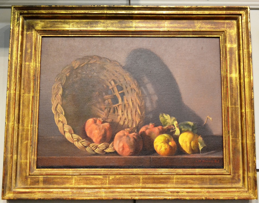 Charles W Yeiser (20th century) American
Still life of pomegranates, apples and a wicker basket on a - Image 2 of 4