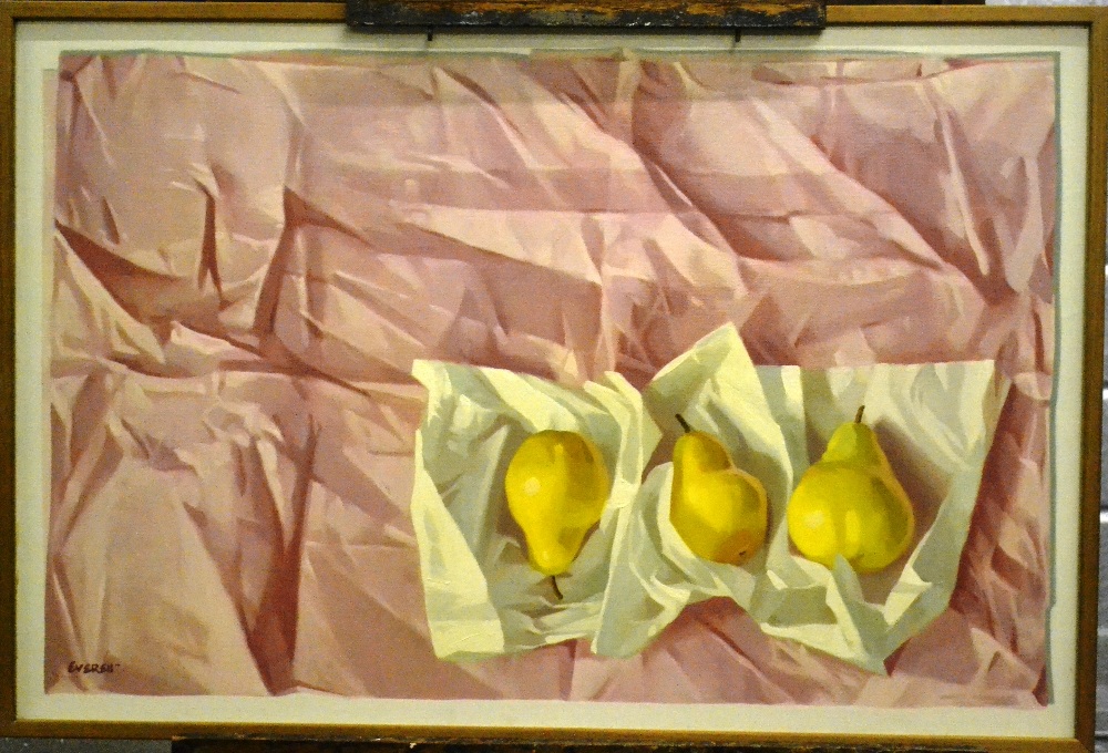 Leng Everett (20th century)
Pears and paper
Signed, signed verso, oil on canvas, 49.5cm by 75.