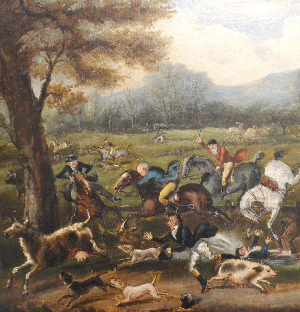 British Provincial School (19th century)
Farcical country scene with huntsmen, hounds, horses and - Image 2 of 4