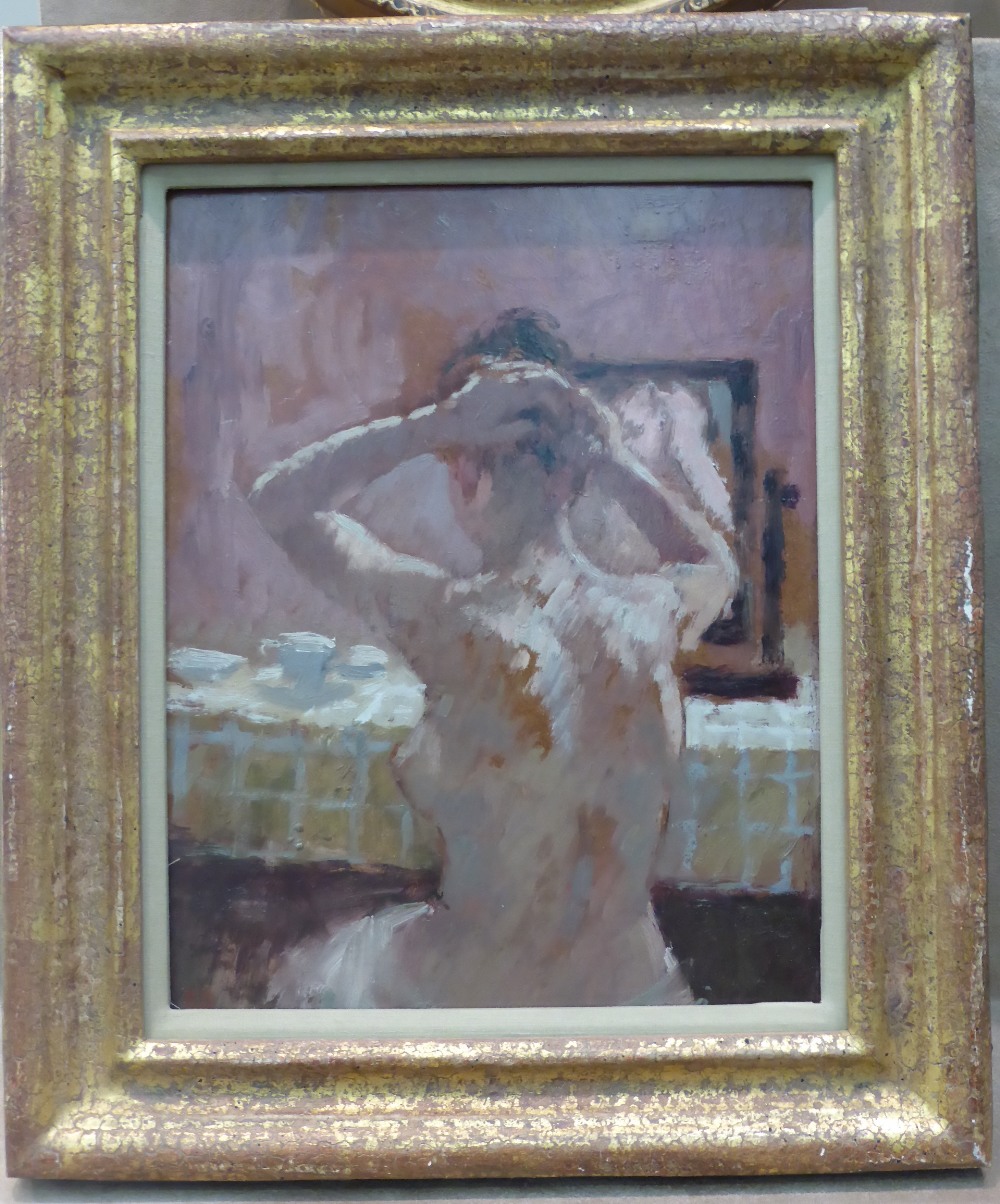 Bernard Dunstan RA, PPRWA (b.1920)
"Girl Doing Her Hair"
Initialled, oil on board, 24cm by 19cm - Image 3 of 6
