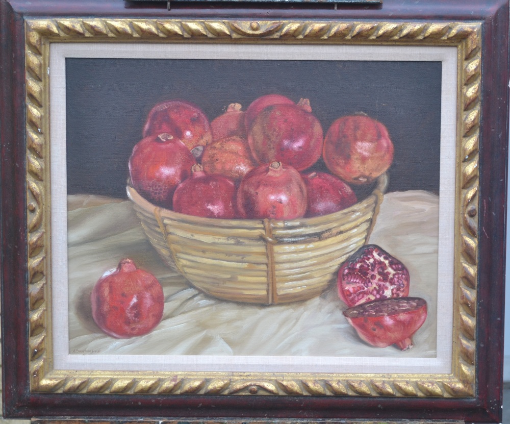 Anthony Christian (b.1945) 
Still life of pomegranates in a wicker basket
Signed, and dated (19)