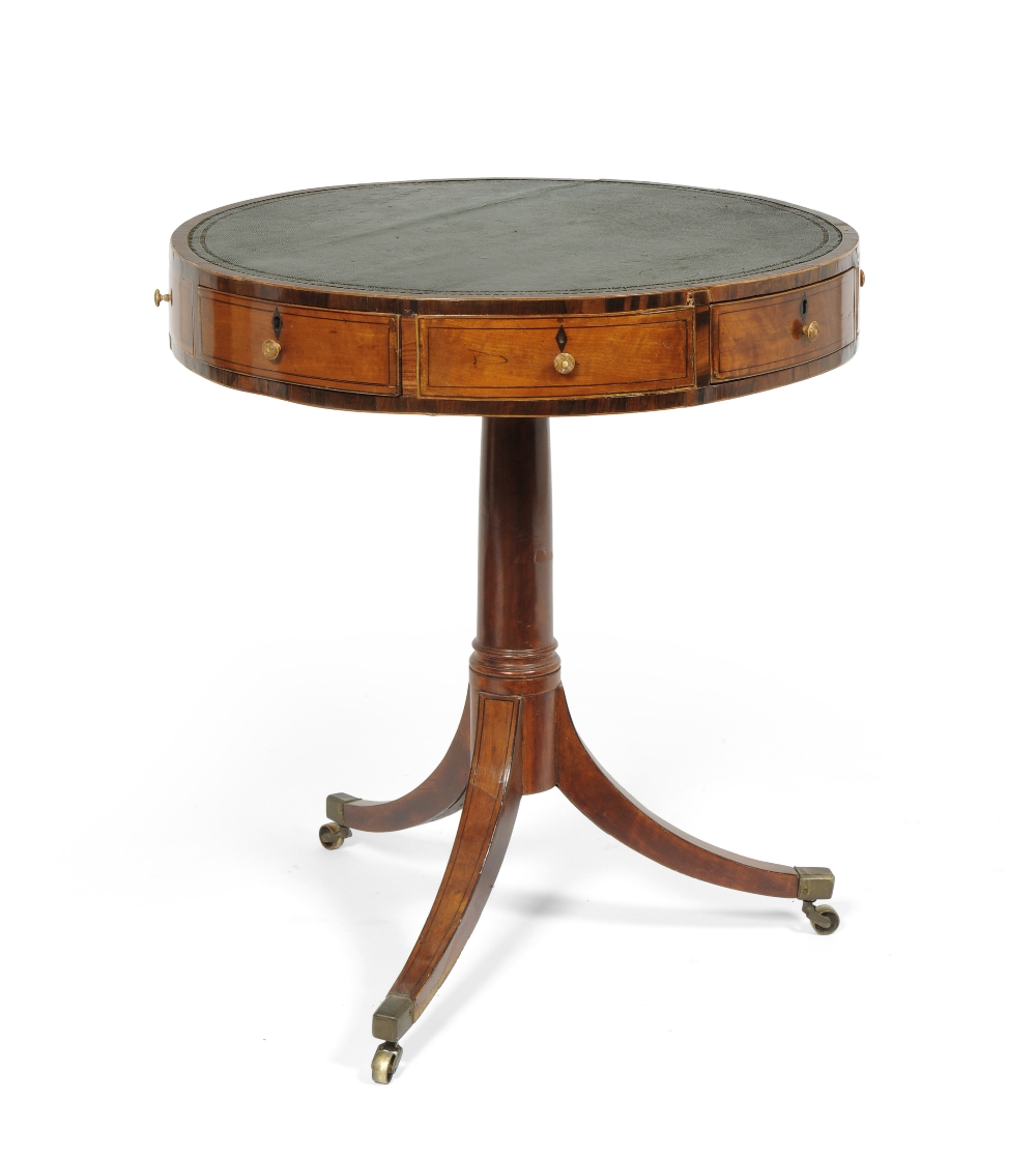 A George III Style Satinwood, Rosewood Crossbanded and Ebony Strung Drum Table, 19th century in