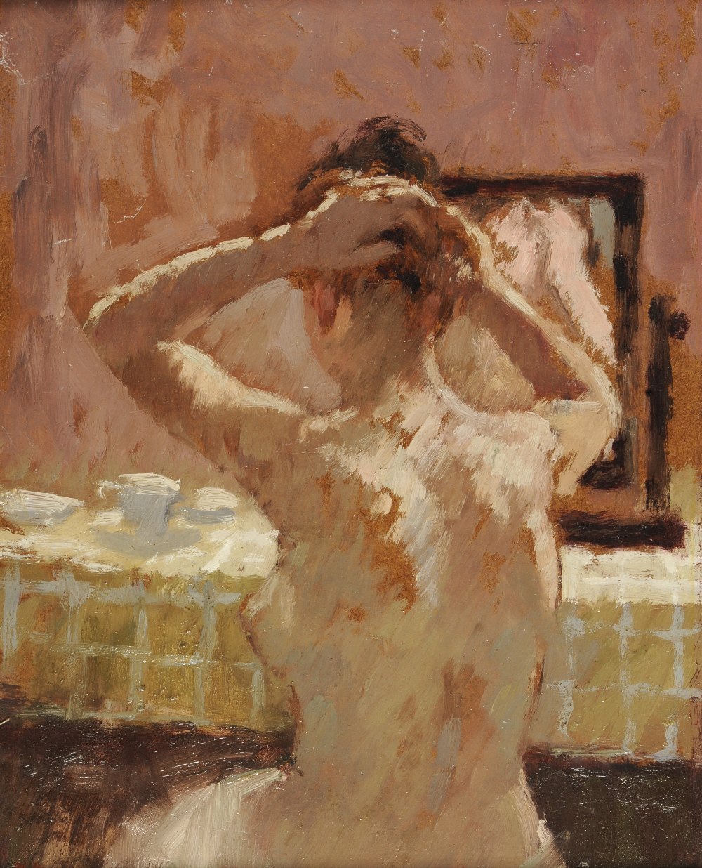 Bernard Dunstan RA, PPRWA (b.1920)
"Girl Doing Her Hair"
Initialled, oil on board, 24cm by 19cm